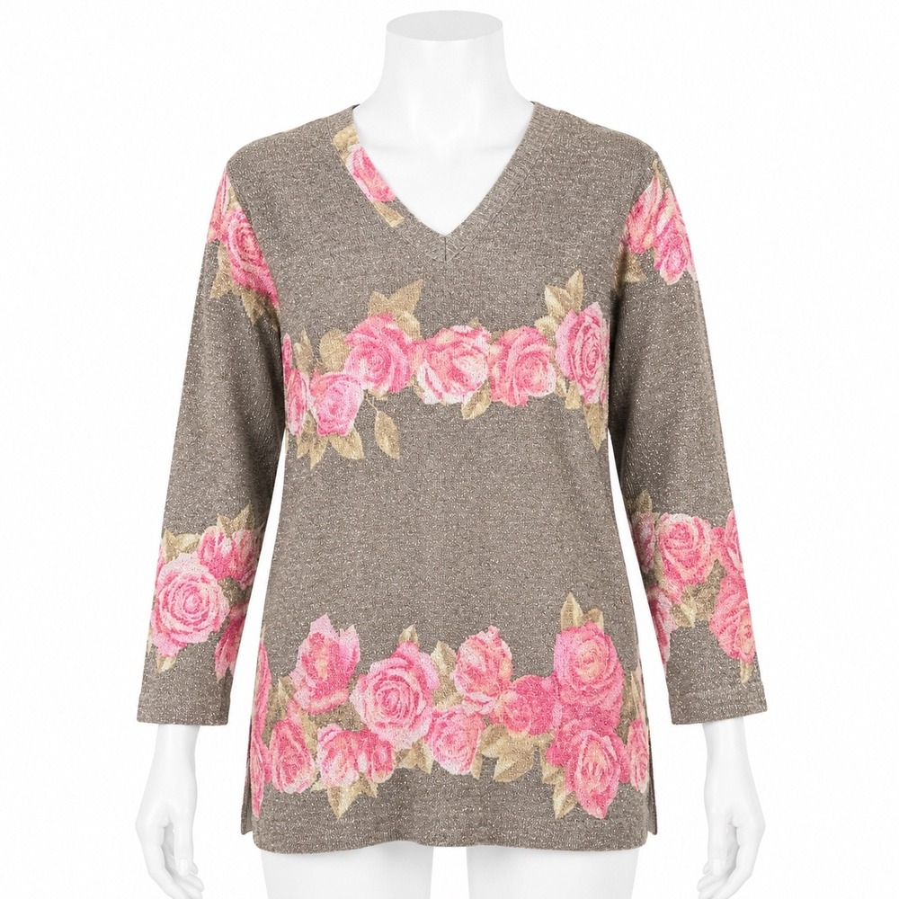 Gabriella‎ T Sweater Women Medium Brown Pink Floral Merino Wool Metallic Shimmer